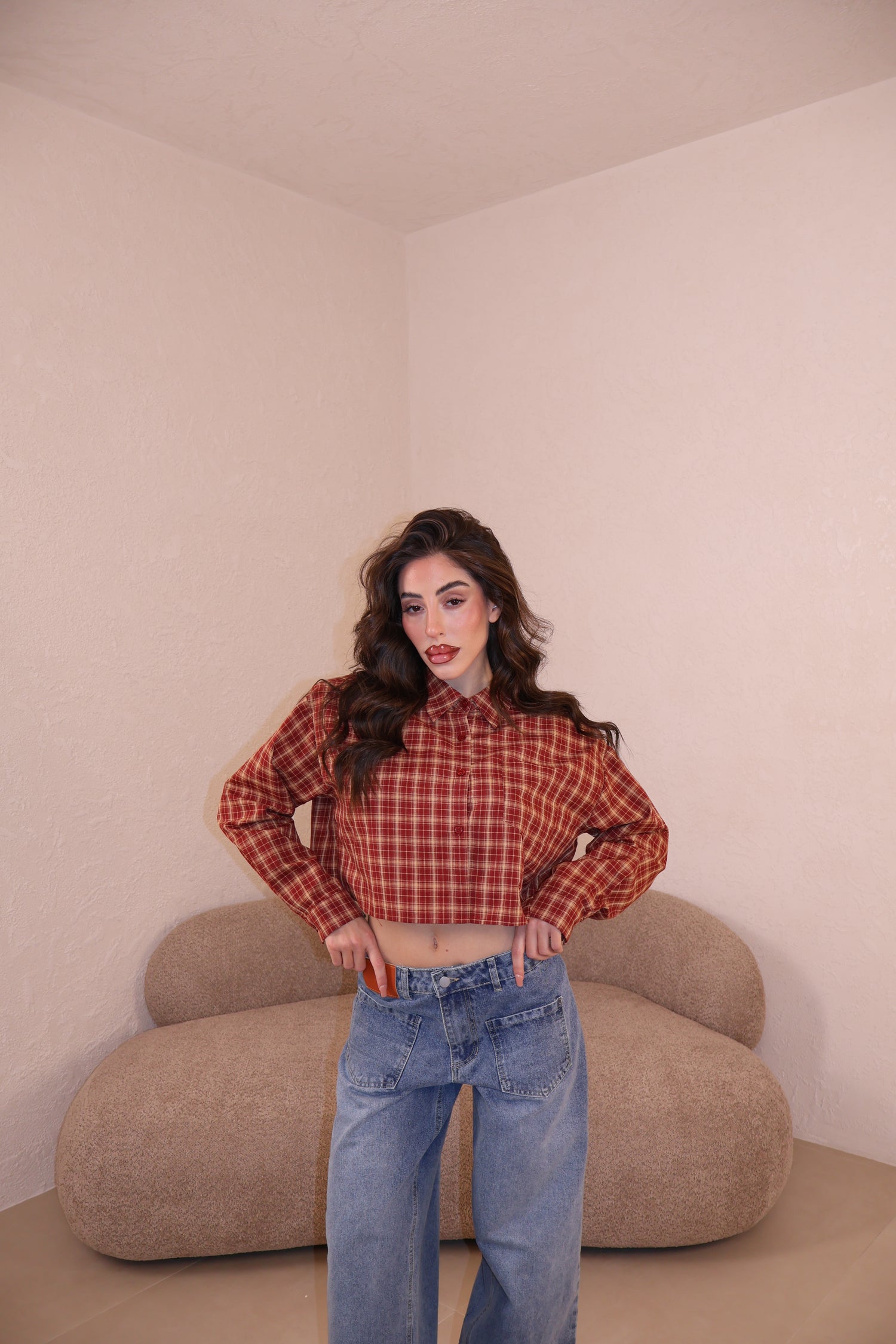 Camicia Vichy crop rouge