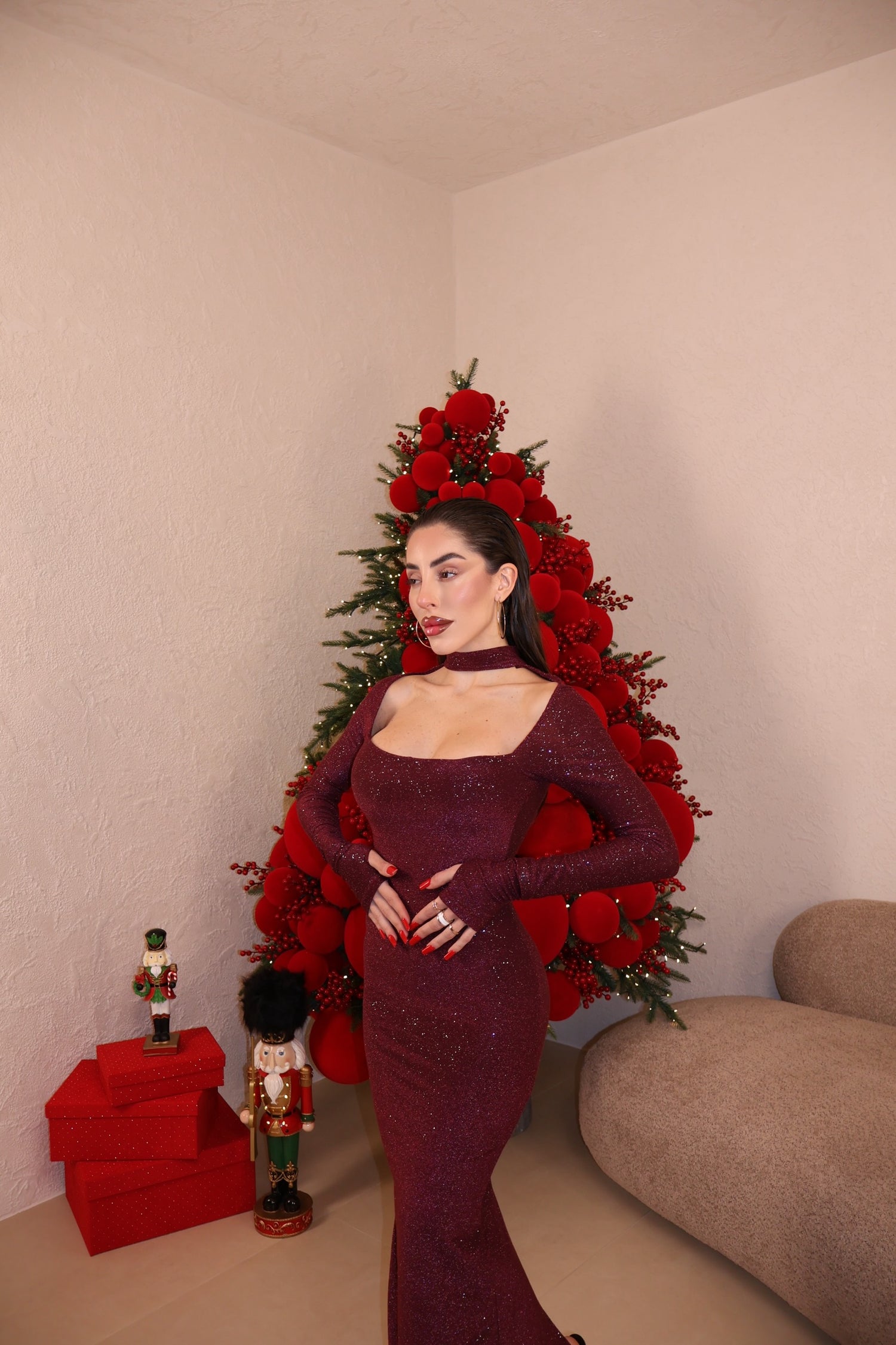 Abito Collar Glitter bordeaux