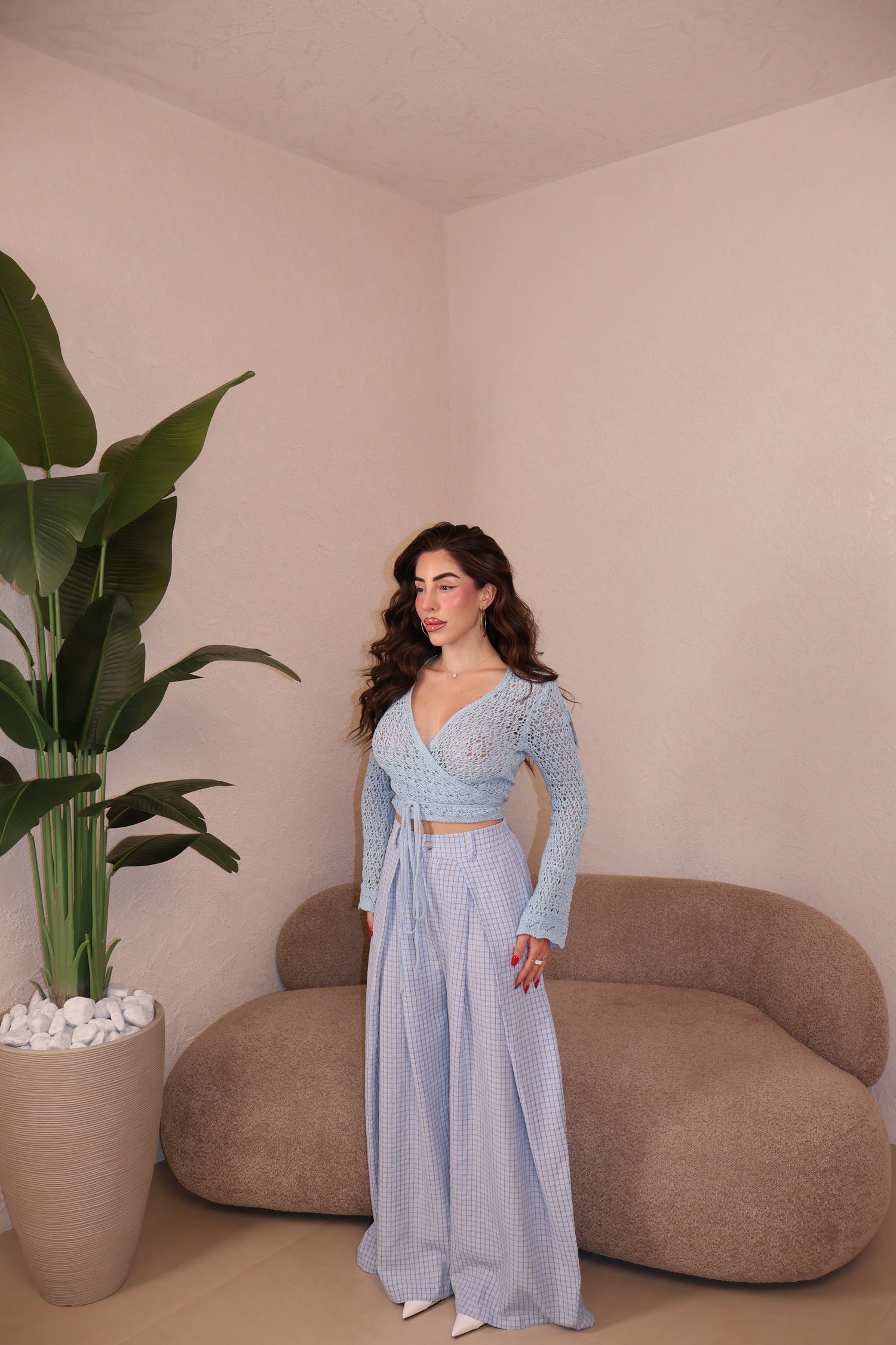 Pantaloni Vichy celeste