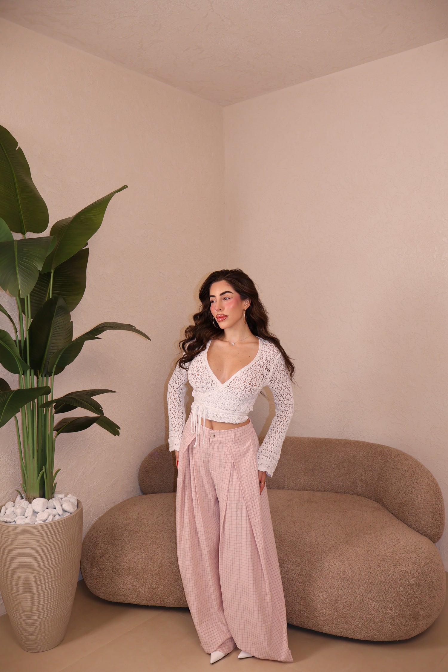 Pantaloni Vichy cipria