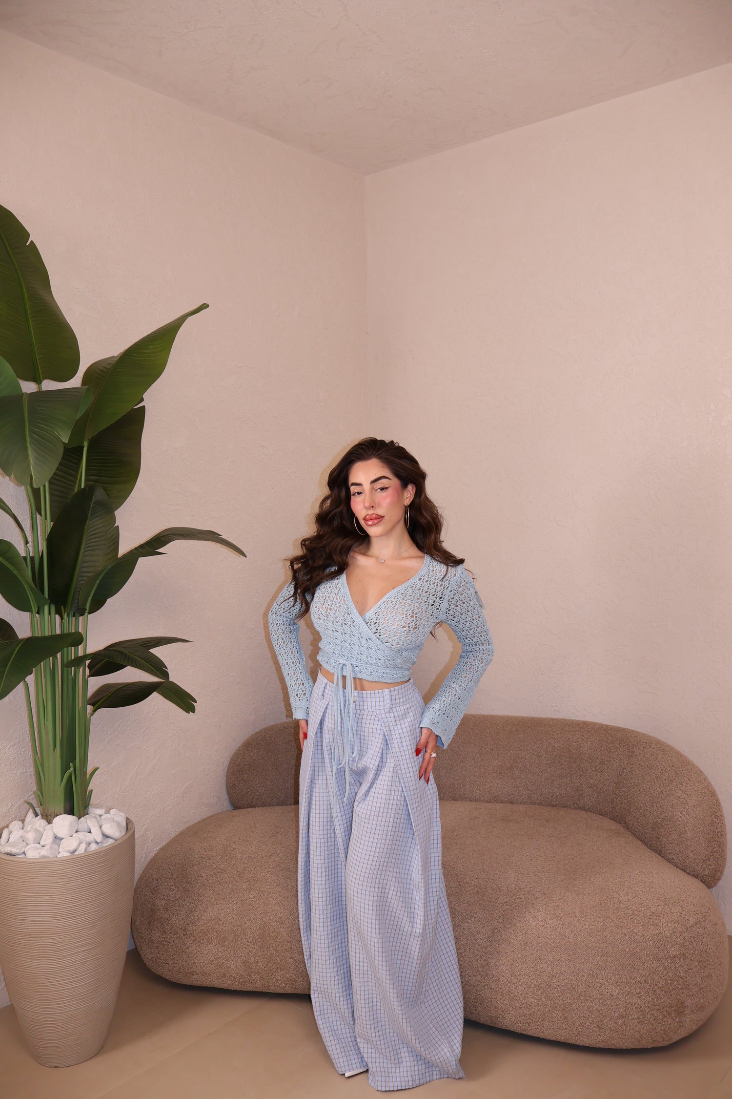 Pantaloni Vichy celeste