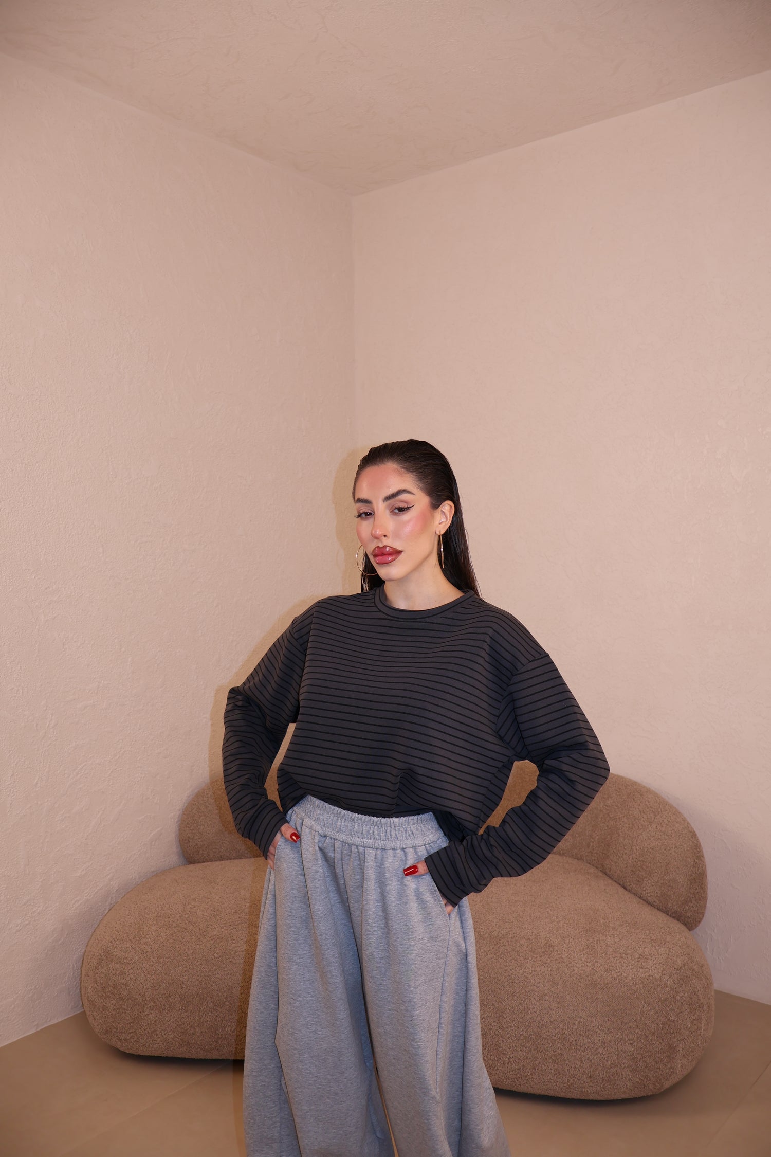 Felpa Righe grey/black