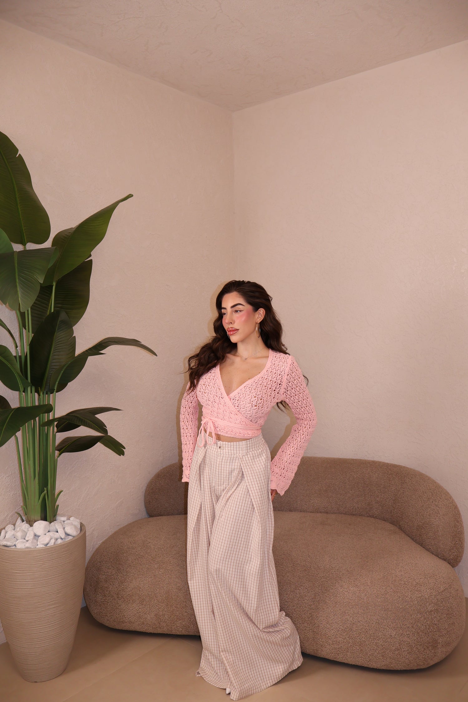 Pantaloni Vichy beige